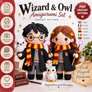 May include: A PDF crochet pattern for a Wizard & Owl Amigurumi Set featuring two dolls with black and brown yarn hair, wearing black robes and red and yellow striped scarves. The set includes two white owls and two wands, with text overlays.