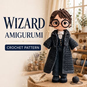 May include: A crochet amigurumi doll of a wizard with brown hair and round black glasses, wearing a dark gray coat, vest, and trousers. The text WIZARD AMIGURUMI CROCHET PATTERN is displayed on the left side of the image in dark blue lettering.