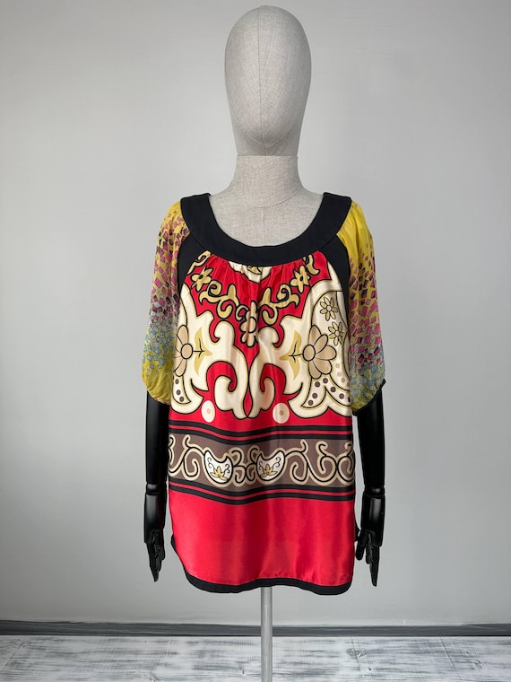 Stella McCartney, Vintage Stella McCartney Silk Multicolor Blouse Top 2000s Boho Chiffon Tunic Shirt Size S