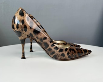 Vintage Dolce & Gabbana 00s Leopard Print Patent Leather Pumps Heels Size 37