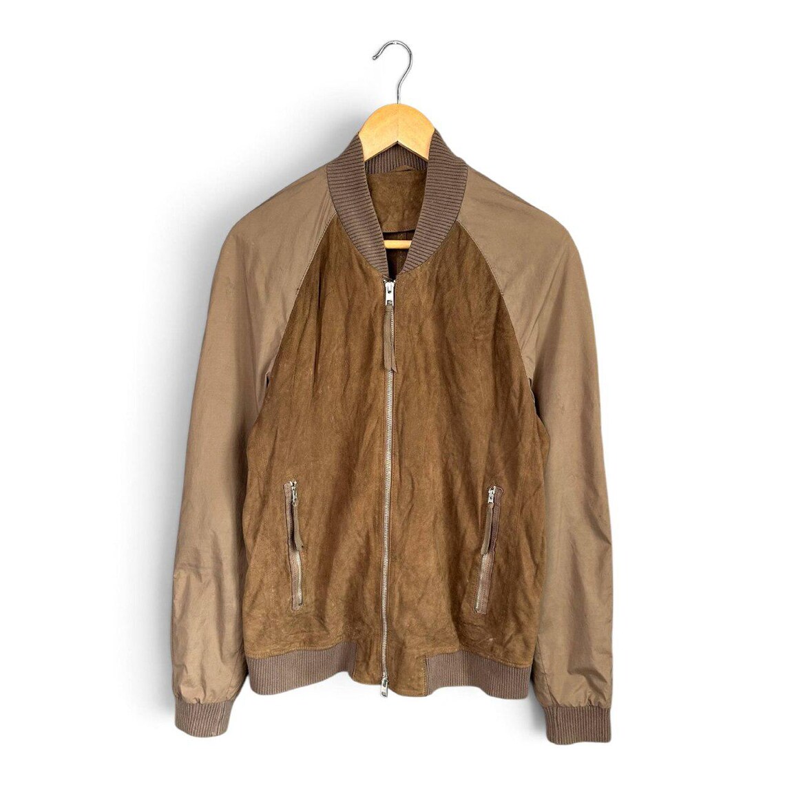 Vintage AllSaints Suede Bomber Jacket Medium Brown Goat Suede Leather Varsity Coat Distressed Grunge Aviator Jacket, photo 1 sur 5