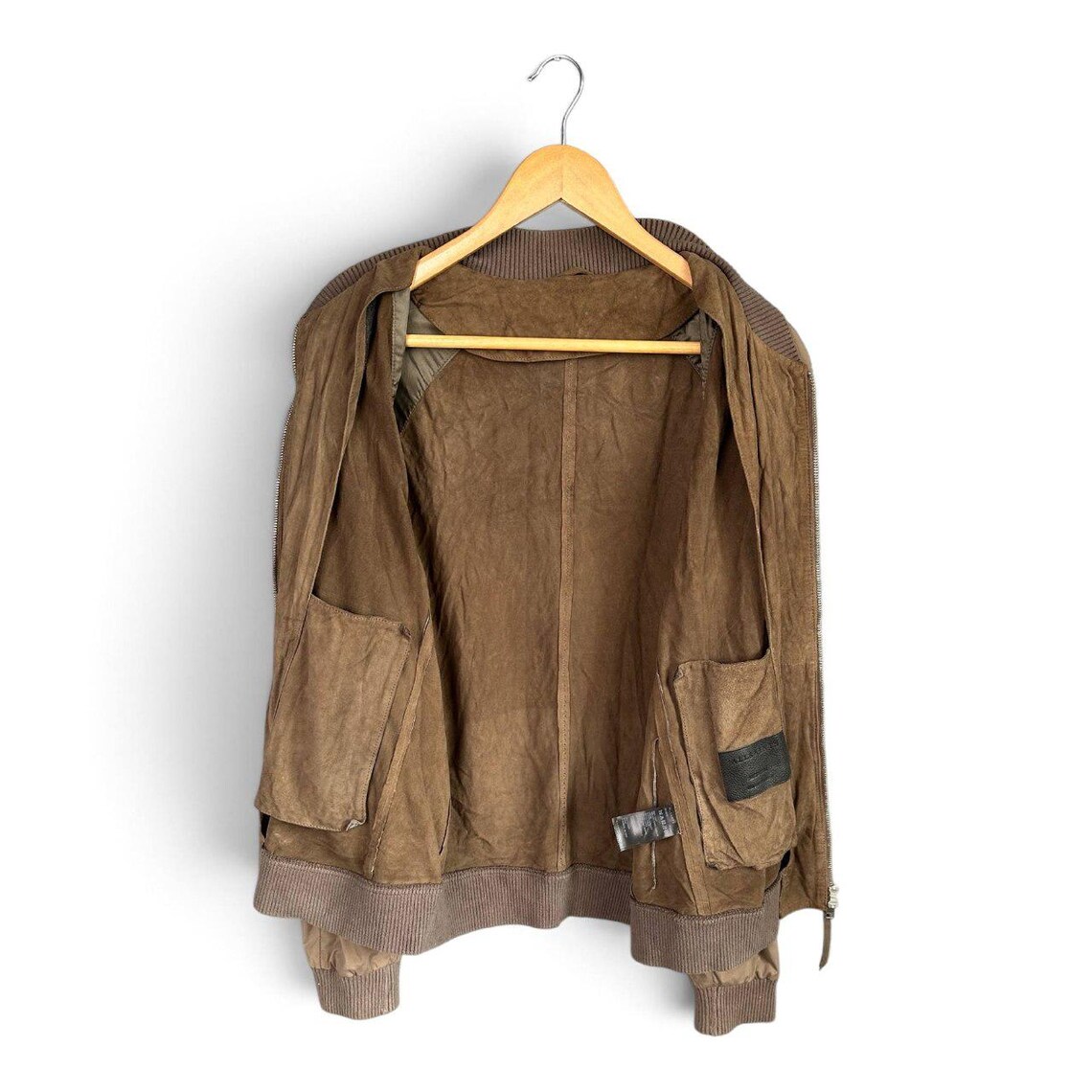 Vintage AllSaints Suede Bomber Jacket Medium Brown Goat Suede Leather Varsity Coat Distressed Grunge Aviator Jacket, photo 3 sur 5