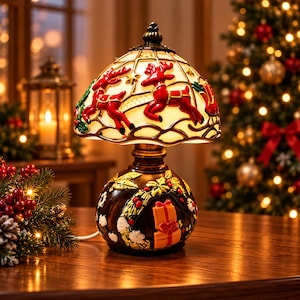 May include: A table lamp featuring a stained-glass style shade decorated with red reindeer and a dark base adorned with a sculpted wreath and orange gift boxes. The lamp emits a warm glow, highlighting the festive holiday-themed details.