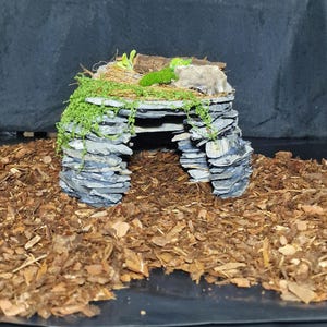 May include: A small animal hideout constructed from stacked grey slate stones, featuring an arched entrance. The top surface is decorated with green moss, small artificial plants, and a piece of brown bark, creating a naturalistic structure.