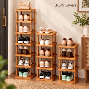 May include: Three light brown wooden shoe racks of varying heights with 3, 6, and 9 layers. The racks hold various styles of footwear including sneakers, heels, and flats. The text 3/6/9 Layers is visible in the upper right corner.