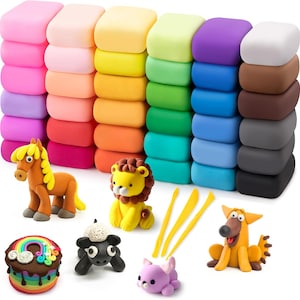 May include: A collection of rectangular modeling clay blocks in various colors arranged in stacks, accompanied by sculpted figures of a horse, lion, sheep, dog, and a small creature, a rainbow-topped cake, and three yellow plastic sculpting tools.