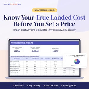 May include: A digital laptop screen displaying a Pricing Decision Dashboard for importers and resellers. The interface includes a SKU decision matrix with columns for quantity, unit landed cost, and three price scenarios, plus a pie chart cost breakdown.