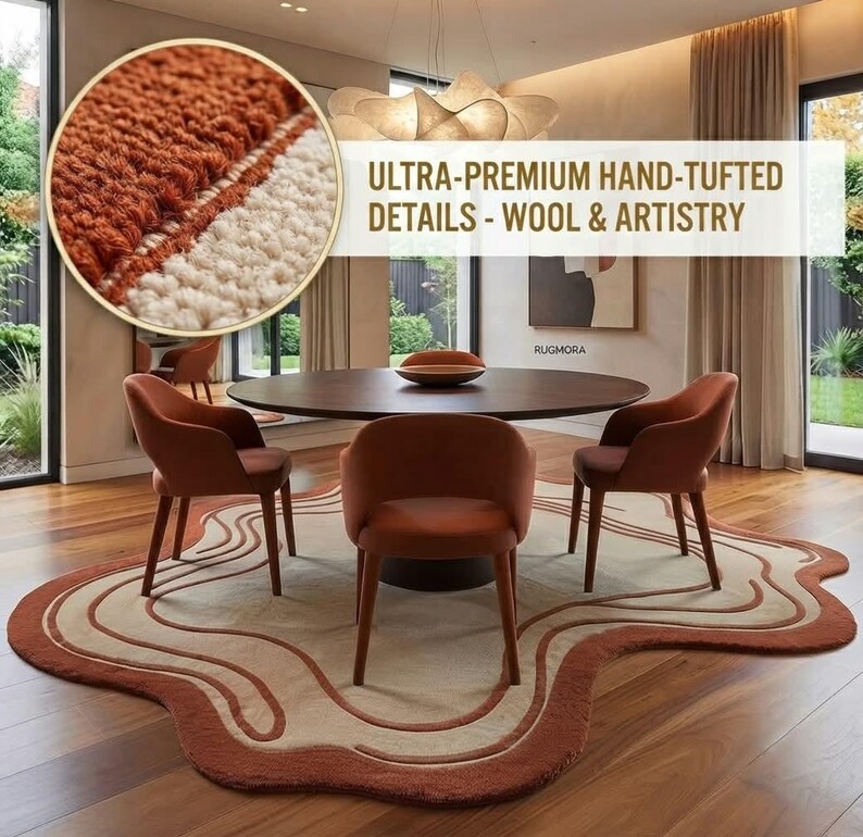 Hand Tufted Wool Rug, Abstract Irregular Shape Area Rug, Cream and ...