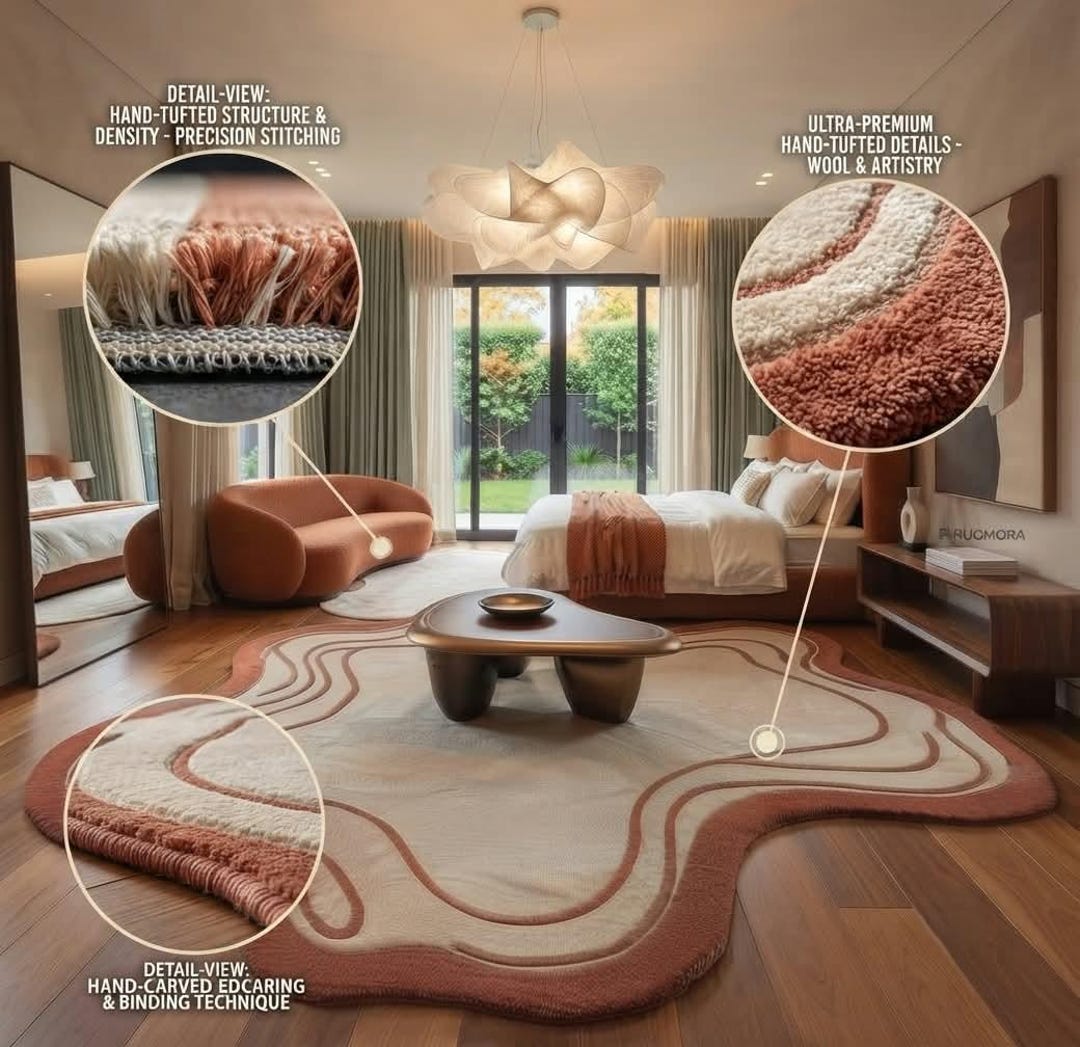 Hand Tufted Wool Rug, Abstract Irregular Shape Area Rug, Cream and ...