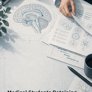Peut inclure: Un bureau d'étude médical avec des schémas anatomiques du cerveau, un stéthoscope, un stylo noir et une tasse. Le texte "Medical Students Retaining More With Fewer Flashcards" est imprimé en bas de l'image, montrant des illustrations neurologiques.