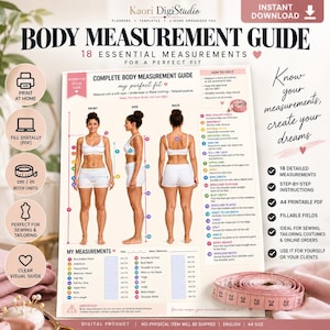 Peut inclure: Un modèle de guide de mesures corporelles numériques présentant des illustrations d'une silhouette de face, de profil et de dos. Le document comprend dix-huit points de mesure numérotés, des instructions et une section à remplir.