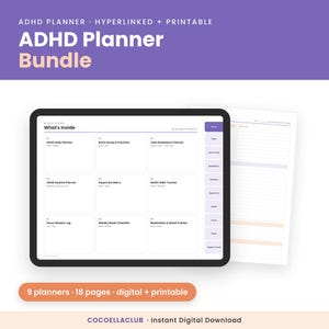 Pacchetto di agende per ADHD stampabili e digitali, agenda giornaliera per ADHD, brainstorming, tabella delle routine, menu della dopamina, GoodNotes, formato A4