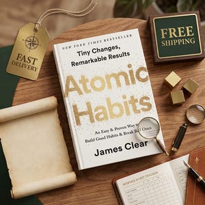 May include: A white book titled Atomic Habits by James Clear with gold glitter text, accompanied by a magnifying glass, a fountain pen, a blank scroll, a habit tracker notebook, and small gold cubes on a wooden surface.