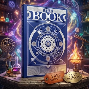 May include: A blue hardcover book titled THE BOOK THE ULTIMATE GUIDE TO REBUILDING CIVILIZATION with silver geometric and circular patterns on the front cover. The book is displayed upright on a stone surface with two small brown and gold tags.