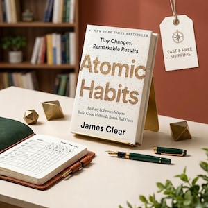 May include: A hardcover book titled Atomic Habits by James Clear, displayed on a gold metal stand. The cover features the text Tiny Changes, Remarkable Results and An Easy & Proven Way to Build Good Habits & Break Bad Ones. Includes a habit tracker notebook and a green fountain pen.
