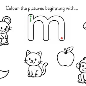 Peut inclure: Une feuille d'exercices éducative en noir et blanc avec le texte Colour the pictures beginning with... et une grande lettre minuscule m. Autour de la lettre se trouvent des illustrations au trait d'une souris, champignon, lune, chat, pomme et singe.