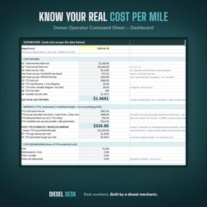 May include: A digital spreadsheet titled Know Your Real Cost Per Mile Owner-Operator Command Sheet Dashboard. The document displays financial data including cost per mile, monthly and year-to-date margins, and a cost breakdown with percentages.