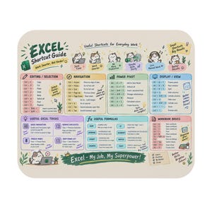 May include: A rectangular mouse pad featuring an Excel Shortcut Guide with colorful illustrations of cats, text labels for editing, navigation, power pivot, display, formulas, and workbook basics, plus the phrase Excel - My Job, My Superpower!