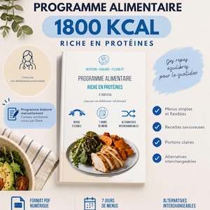 Puede incluir: Una guía de plan de alimentación digital titulada Mieux Manger by Diane, con un programa alto en proteínas de 1800 kcal. La portada muestra un plato de pollo en rodajas y verduras, con iconos para comidas flexibles, 7 días de menús y opciones.
