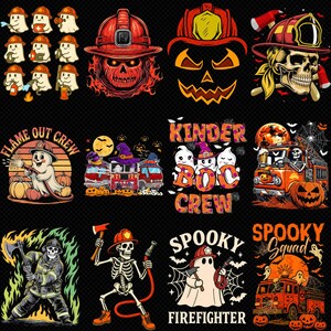 Peut inclure: Une collection de douze motifs graphiques sur le thème d'Halloween représentant des fantômes, des squelettes et des citrouilles portant des casques de pompier. Les illustrations incluent des camions de pompiers, des lances et du texte.