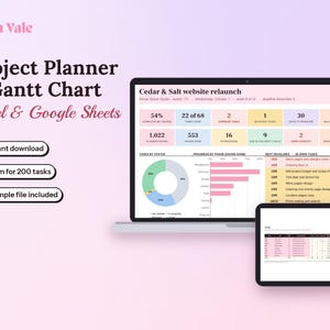 Op de afbeelding: Een digitale projectplanner en Gantt-chart sjabloon voor Excel en Google Sheets van Clara Vale. Het scherm toont een dashboard met taakstatistieken, een donutdiagram, een horizontale staafgrafiek en een takenlijst op een laptop en tablet.