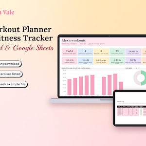 May include: A digital workout planner and fitness tracker for Excel and Google Sheets by Clara Vale. The display shows a dashboard with pink, blue, and green data charts, weight metrics in lbs, and a cardio log on a laptop and tablet screen.