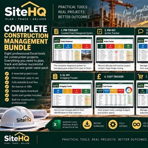 May include: A digital construction management bundle featuring eight Excel tools including a project dashboard, action tracker, RFI tracker, change tracker, snagging tracker, cost tracker, procurement tracker, and H&S compliance pack for projects.