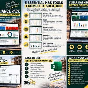 Hälsa och säkerhet i byggbranschen i Excel | H&S-efterlevnadspaket | RAMS, introduktioner och incidenter | SiteHQ