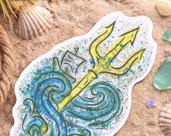 Poseidon’s Trident with Water & Odysseus’ Ship – Vinyl Watercolor Waterproof 3-Inch Sticker
