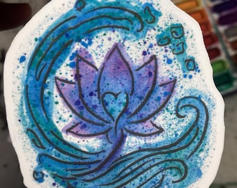 Calypso’s Hold – Heart Within the Lotus, Lost in Waves – Vinyl Watercolor Waterproof 3-Inch Sticker