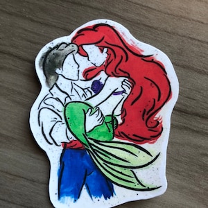 Enchanting Ariel and Eric Watercolor Vinyl Sticker - 3 inches