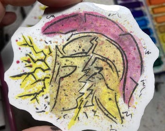 Gods Break Men – Zeus Splits a Greek Helmet – Vinyl Watercolor Waterproof 3-Inch Sticker