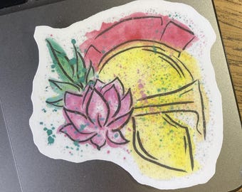 Odyssean Temptation – Lotus & Helmet Vinyl Watercolor Waterproof 3-Inch Sticker