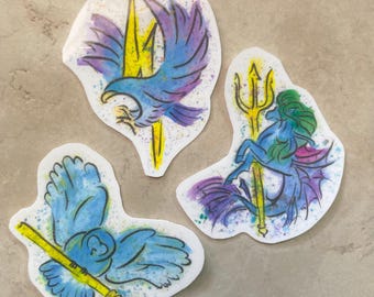 Greek God/Goddess Watercolor Vinyl Stickers, Zeus, Poseidon, Athena (3 inch)