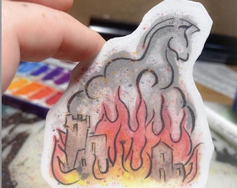 Fall of Troy Vinyl Sticker – Trojan Horse Rises from Smoke – Waterproof Odyssey Art