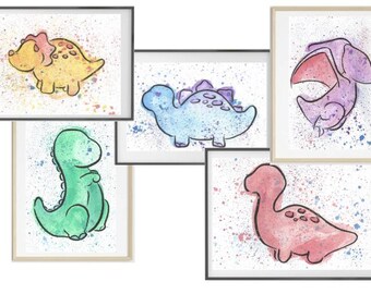 Watercolor Hand painted Five Little Nursery Dinosaur Paintings Digital Download