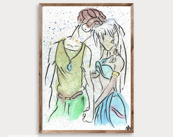 Milo & Kida InspiredWatercolor Art Print | Atlantis Inspired Digital Download | Hand-Painted Fantasy Couple Illustration
