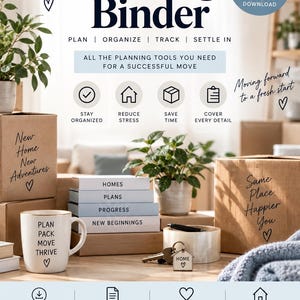 May include: A digital moving binder planner with 20 pages, featuring text that reads Life Admin Moving Binder, Plan, Organize, Track, Settle In, and All the planning tools you need for a successful move, alongside icons for organisation and moving.