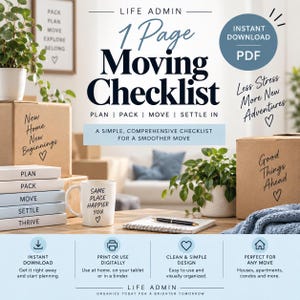 May include: A digital 1-page moving checklist PDF titled Life Admin Moving Checklist with the text Plan, Pack, Move, Settle In. The document features a simple, comprehensive checklist for a smoother move, instant download, and print or use digitally.