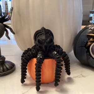 May include: A black articulated skeleton octopus figure with a skull-like head and segmented tentacles resting inside a small orange pumpkin. The octopus has a matte finish and is positioned centrally between a spider on a stand and a dark pumpkin.