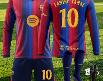 Custom 26/27 Barcelona Lamine Yamal #10 Long Sleeve Soccer Jersey & Shorts Set, Football Shirt Adults and Kids Sizes