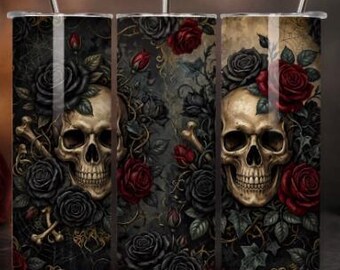 May include: A cylindrical tumbler with a metal straw featuring a graphic print of human skulls surrounded by deep red and black roses, green leaves, and intricate vine patterns against a dark, textured background.