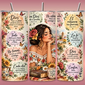 May include: A cylindrical tumbler with a straw featuring a collage of floral patterns, butterflies, and ten numbered Spanish religious quotes. The design includes an illustration of a person with flowers in their hair, a Bible, and a mug.