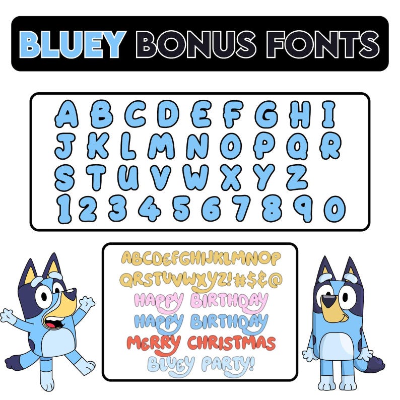 Pode incluir: Uma cole&ccedil;&atilde;o de fontes digitais intitulada BLUEY BONUS FONTS apresentando um conjunto de letras e n&uacute;meros em estilo bolha azul-claro, um conjunto de letras e s&iacute;mbolos amarelos e frases de exemplo como HAPPY BIRTHDAY, MERRY CHRISTMAS e BLUEY PARTY.