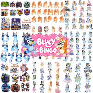Pode incluir: Uma coleção de autocolantes com o tema Bluey e Bingo, apresentando várias personagens, letras do alfabeto e números. O gráfico central cor-de-rosa exibe o texto Bluey & Bingo. Inclui ilustrações de Halloween, personagens a andar de bicicleta, a nadar e a usar fatos, tudo em cores vibrantes.