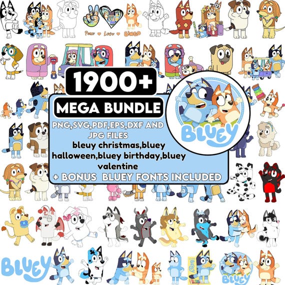 1800+ Bluey PNG Bundle + BONUS Font, Bluey and Bingo PNG,  Party Shirt Kids Invitation Design,Bluey Dog Bingo Clipart Bundle