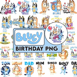 Pode incluir: Uma cole&ccedil;&atilde;o de ilustra&ccedil;&otilde;es digitais com os personagens animados Bluey e Bingo em v&aacute;rias cenas de anivers&aacute;rio, incluindo bal&otilde;es, bolos e decora&ccedil;&otilde;es de festa, com elementos de texto como Bluey Birthday PNG, Dad, Mum e v&aacute;rios nomes.