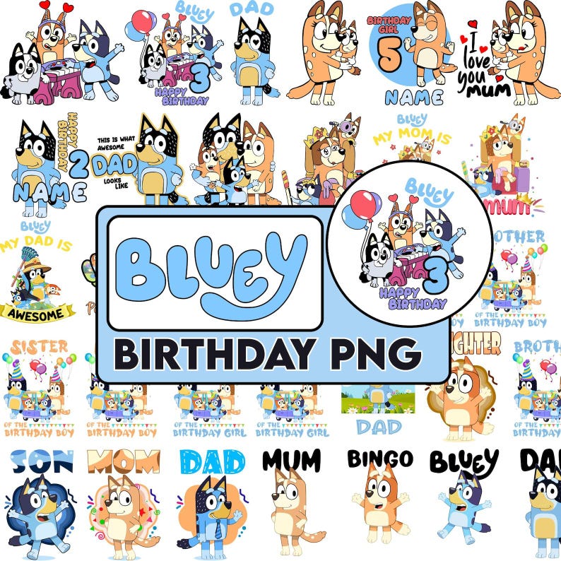 Pode incluir: Uma cole&ccedil;&atilde;o de ilustra&ccedil;&otilde;es digitais com os personagens animados Bluey e Bingo em v&aacute;rias cenas de anivers&aacute;rio, incluindo bal&otilde;es, bolos e decora&ccedil;&otilde;es de festa, com elementos de texto como Bluey Birthday PNG, Dad, Mum e v&aacute;rios nomes.
