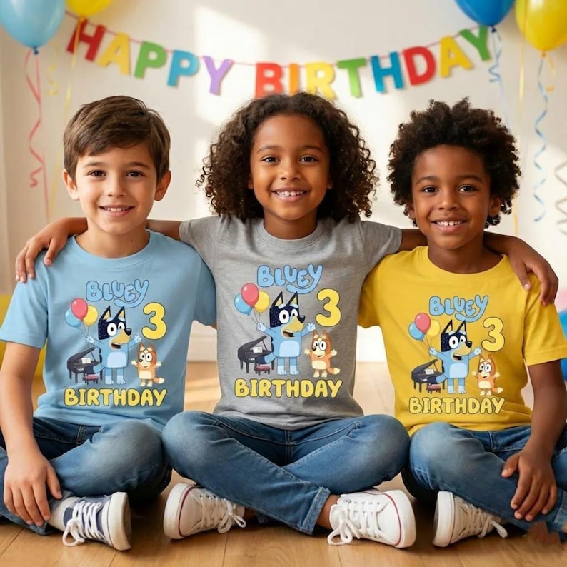 Pode incluir: Tr&ecirc;s t-shirts em azul claro, cinzento e amarelo, cada uma com um gr&aacute;fico das personagens de desenhos animados Bluey e Bingo, um piano, bal&otilde;es e o texto Bluey 3 Birthday. As t-shirts s&atilde;o usadas por tr&ecirc;s crian&ccedil;as sentadas em fila.