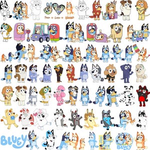 Pode incluir: Uma cole&ccedil;&atilde;o de adesivos coloridos de c&atilde;es de desenho animado apresentando v&aacute;rios personagens da s&eacute;rie Bluey em diferentes poses, roupas e atividades, incluindo o texto Peace Love Bingo e o logotipo Bluey em letras azul-claras.